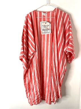 Orange White Stripe Modal Open Front Kimono Wide Sleeve Emerson Fry Curation NWT